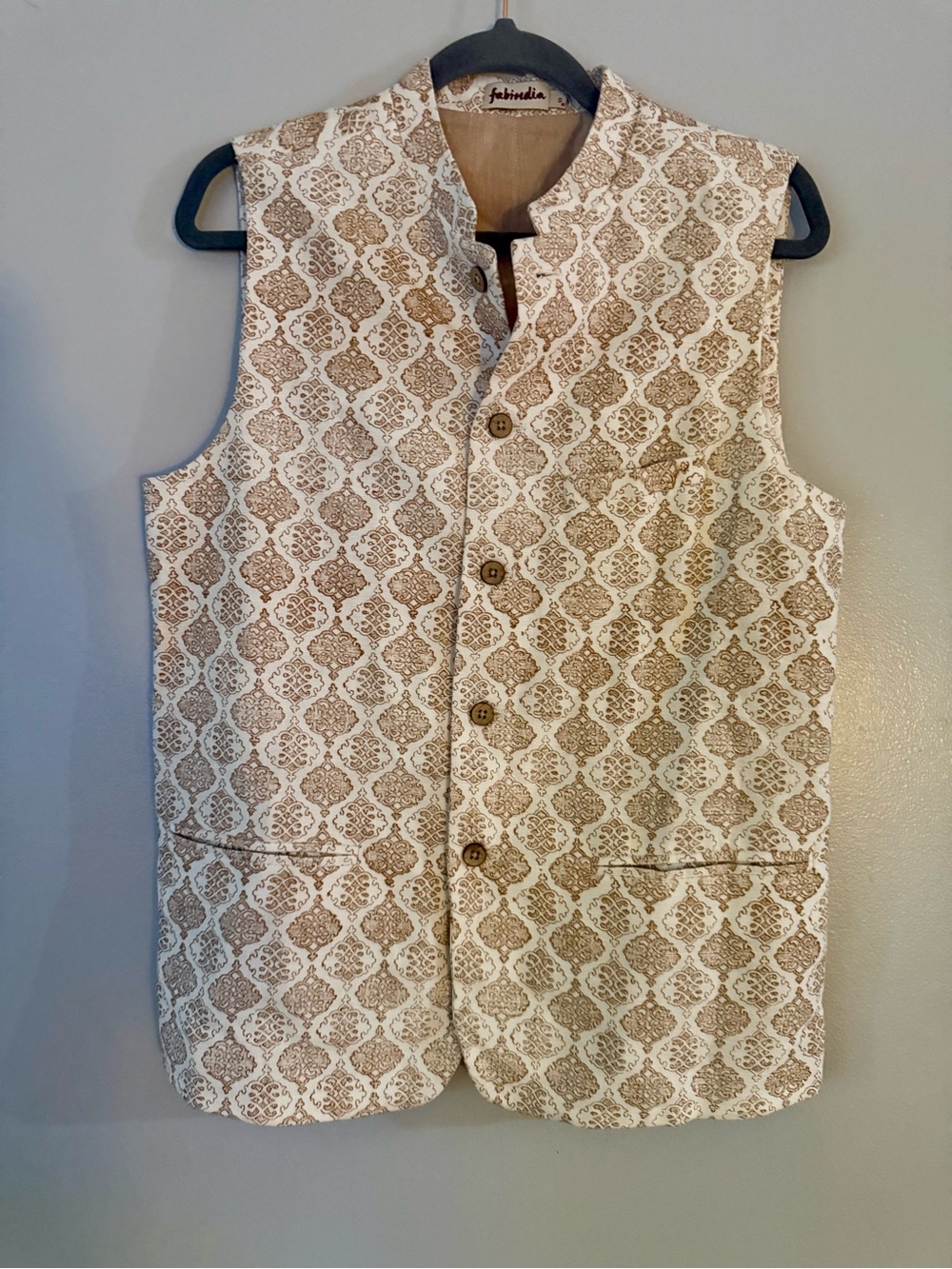 Fabindia Men’s Nehru Jacket Waistcoat Off-White Brown Block Print Bundi Size S